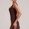 Tula Mid-Rise Bodycon Ultra Mini Skirt with Split in Chocolate Brown Tula Mid-Rise Bodycon Ultra Mini Skirt with Split in Chocolate Brown