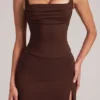 Tula Mid-Rise Bodycon Ultra Mini Skirt with Split in Chocolate Brown Tula Mid-Rise Bodycon Ultra Mini Skirt with Split in Chocolate Brown