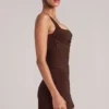Tula Mid-Rise Bodycon Ultra Mini Skirt with Split in Chocolate Brown Tula Mid-Rise Bodycon Ultra Mini Skirt with Split in Chocolate Brown