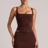 Tula Mid-Rise Bodycon Ultra Mini Skirt with Split in Chocolate Brown Tula Mid-Rise Bodycon Ultra Mini Skirt with Split in Chocolate Brown