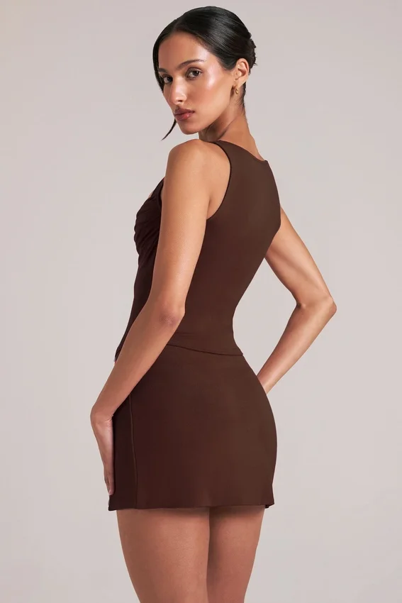 Tula Mid-Rise Bodycon Ultra Mini Skirt with Split in Chocolate Brown Tula Mid-Rise Bodycon Ultra Mini Skirt with Split in Chocolate Brown