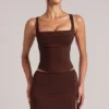 Tula Mid-Rise Bodycon Ultra Mini Skirt with Split in Chocolate Brown Tula Mid-Rise Bodycon Ultra Mini Skirt with Split in Chocolate Brown
