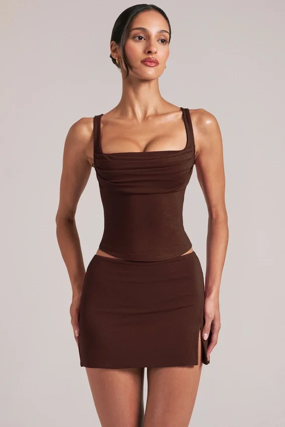 Tula Mid-Rise Bodycon Ultra Mini Skirt with Split in Chocolate Brown Tula Mid-Rise Bodycon Ultra Mini Skirt with Split in Chocolate Brown