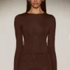 Venia Embellished Crew-Neck Long-Sleeve Top in Chocolate Brown Venia Embellished Crew-Neck Long-Sleeve Top in Chocolate Brown