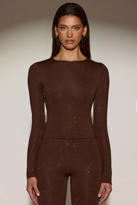 Venia Embellished Crew-Neck Long-Sleeve Top in Chocolate Brown Venia Embellished Crew-Neck Long-Sleeve Top in Chocolate Brown