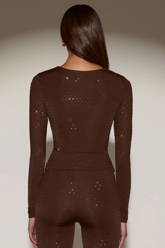 Venia Embellished Crew-Neck Long-Sleeve Top in Chocolate Brown Venia Embellished Crew-Neck Long-Sleeve Top in Chocolate Brown