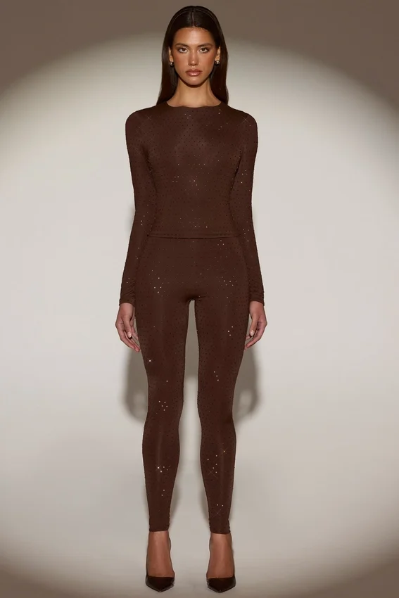 Venia Embellished Crew-Neck Long-Sleeve Top in Chocolate Brown Venia Embellished Crew-Neck Long-Sleeve Top in Chocolate Brown