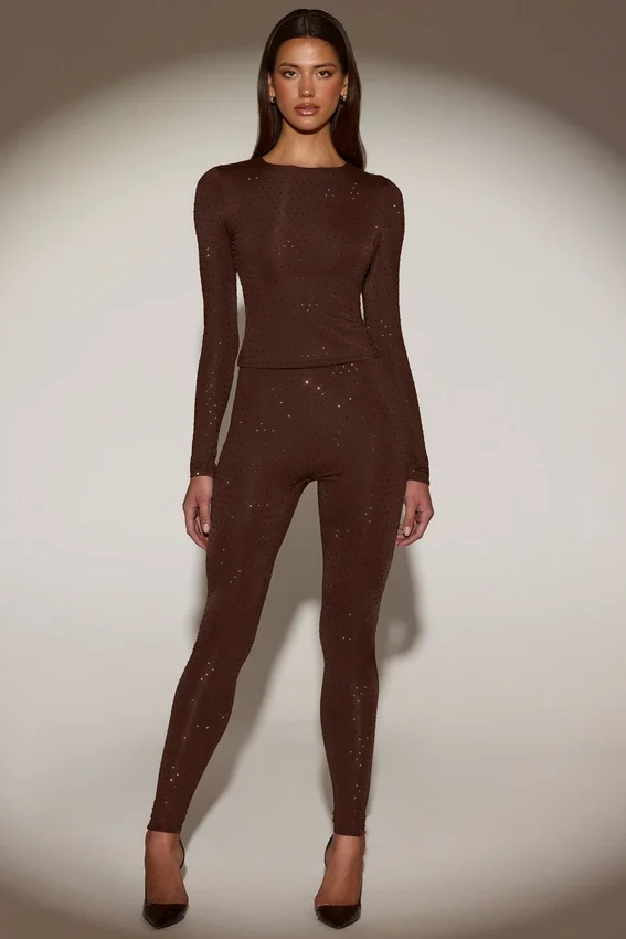 Venia Embellished Crew-Neck Long-Sleeve Top in Chocolate Brown Venia Embellished Crew-Neck Long-Sleeve Top in Chocolate Brown