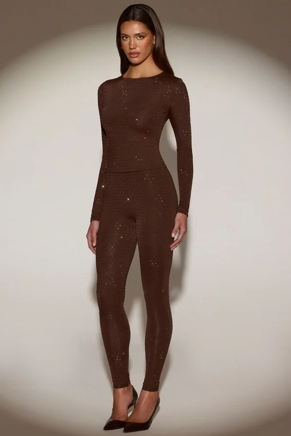 Venia Embellished Crew-Neck Long-Sleeve Top in Chocolate Brown Venia Embellished Crew-Neck Long-Sleeve Top in Chocolate Brown