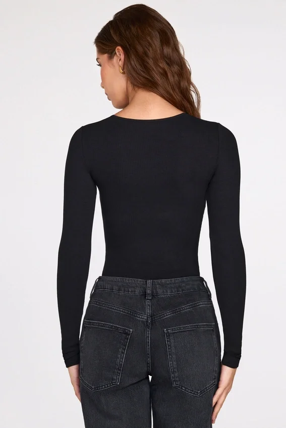 Verity Ribbed Modal Long-Sleeve Plunge Bodysuit in Black Verity Ribbed Modal Long-Sleeve Plunge Bodysuit in Black