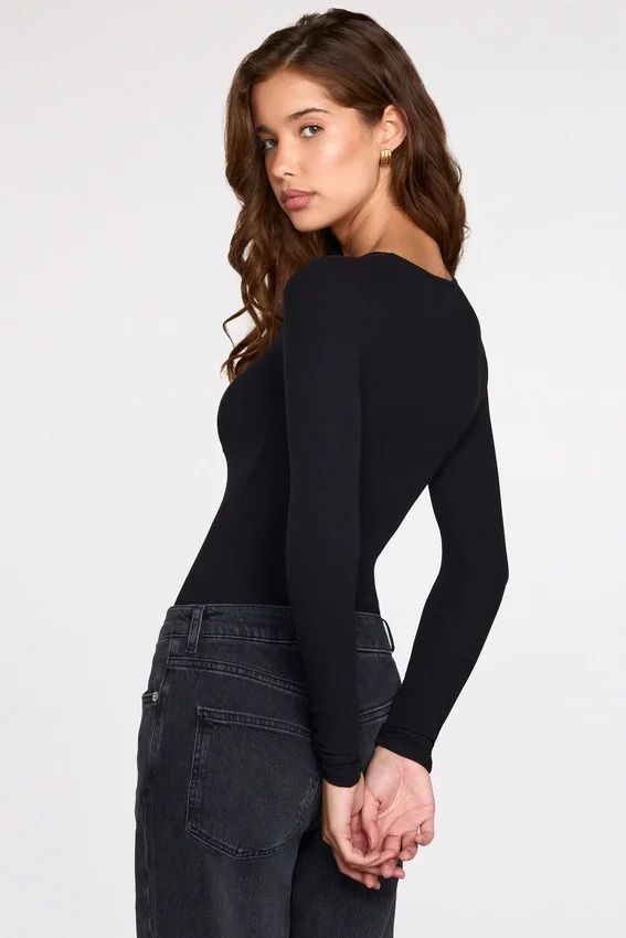 Verity Ribbed Modal Long-Sleeve Plunge Bodysuit in Black Verity Ribbed Modal Long-Sleeve Plunge Bodysuit in Black