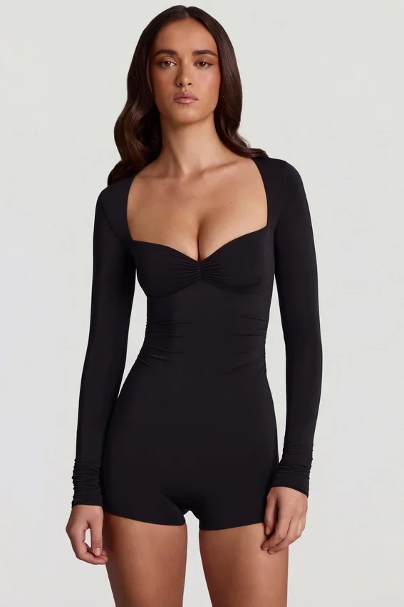 Vionne Soft Jersey Sweetheart Long-Sleeve Mini Playsuit in Black Vionne Soft Jersey Sweetheart Long-Sleeve Mini Playsuit in Black