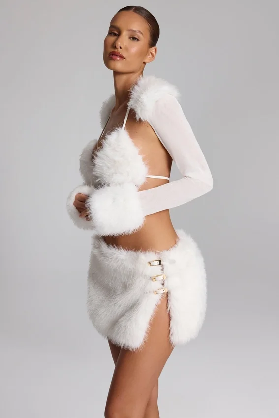 Vira Faux Fur-Trim Bolero in White Vira Faux Fur-Trim Bolero in White