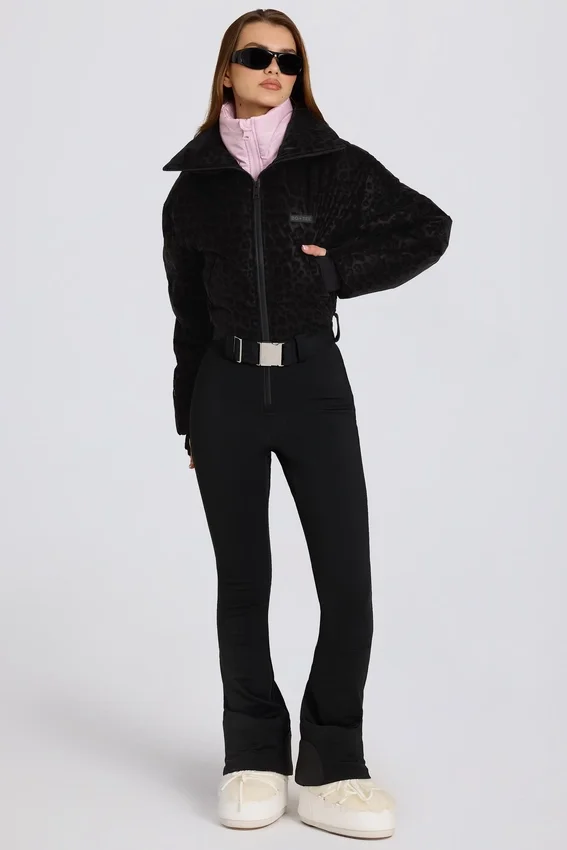 Waterproof Belted Layered Ski Suit in Black Leopard Waterproof Belted Layered Ski Suit in Black Leopard