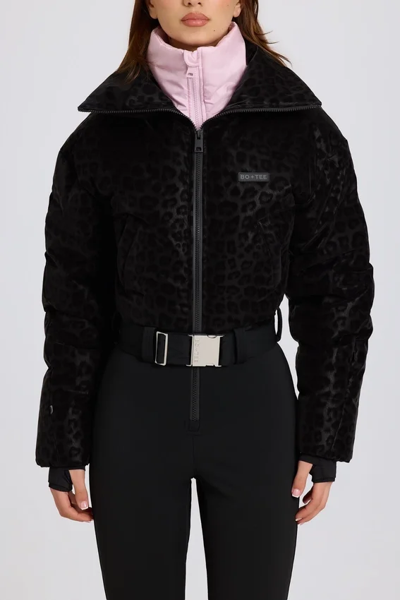 Waterproof Belted Layered Ski Suit in Black Leopard Waterproof Belted Layered Ski Suit in Black Leopard