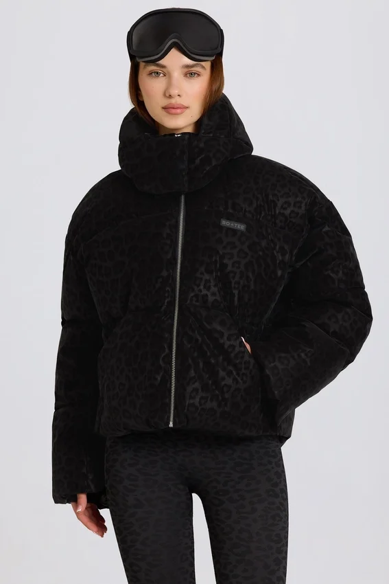 Waterproof Cropped Oversized Ski Jacket in Black Leopard Waterproof Cropped Oversized Ski Jacket in Black Leopard