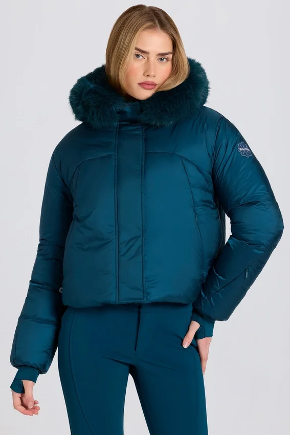 Waterproof Faux-Fur Hood Cropped Ski Jacket in Teal Waterproof Faux-Fur Hood Cropped Ski Jacket in Teal