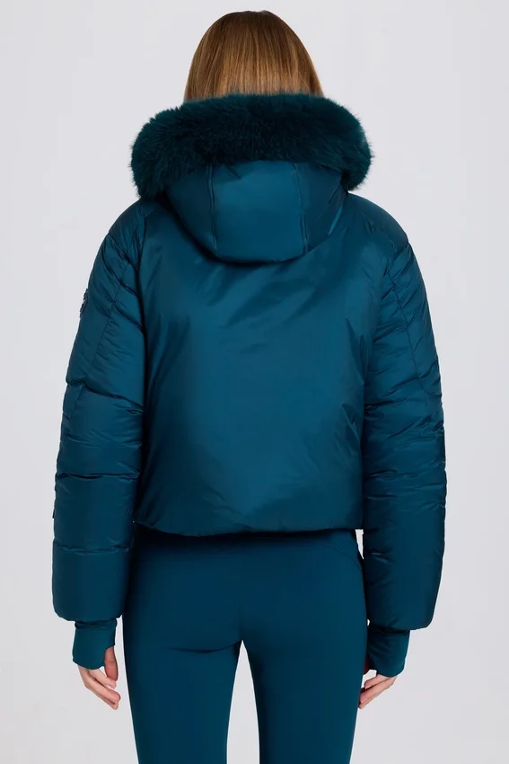 Waterproof Faux-Fur Hood Cropped Ski Jacket in Teal Waterproof Faux-Fur Hood Cropped Ski Jacket in Teal
