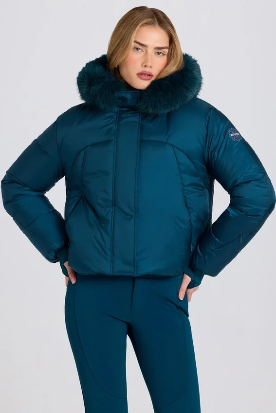 Waterproof Faux-Fur Hood Cropped Ski Jacket in Teal Waterproof Faux-Fur Hood Cropped Ski Jacket in Teal