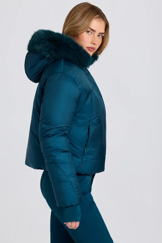 Waterproof Faux-Fur Hood Cropped Ski Jacket in Teal Waterproof Faux-Fur Hood Cropped Ski Jacket in Teal