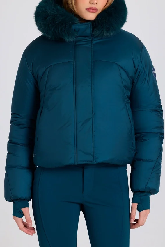 Waterproof Faux-Fur Hood Cropped Ski Jacket in Teal Waterproof Faux-Fur Hood Cropped Ski Jacket in Teal