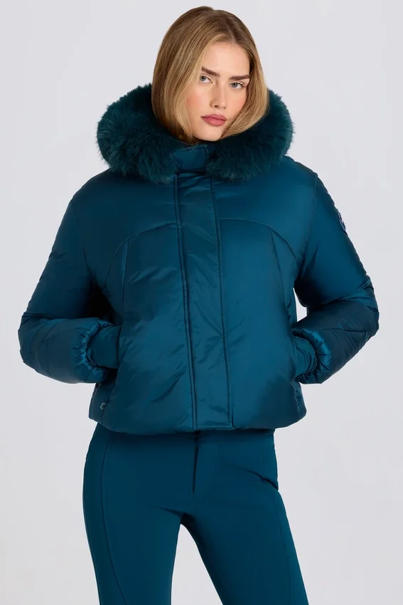 Waterproof Faux-Fur Hood Cropped Ski Jacket in Teal Waterproof Faux-Fur Hood Cropped Ski Jacket in Teal
