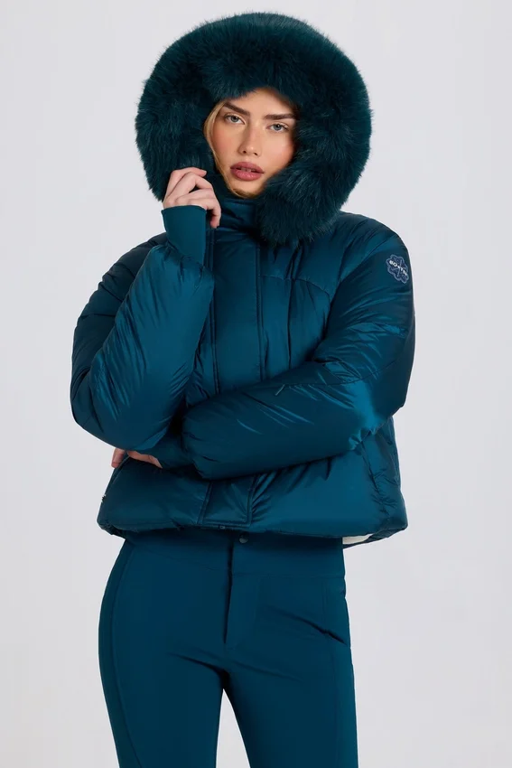 Waterproof Faux-Fur Hood Cropped Ski Jacket in Teal Waterproof Faux-Fur Hood Cropped Ski Jacket in Teal