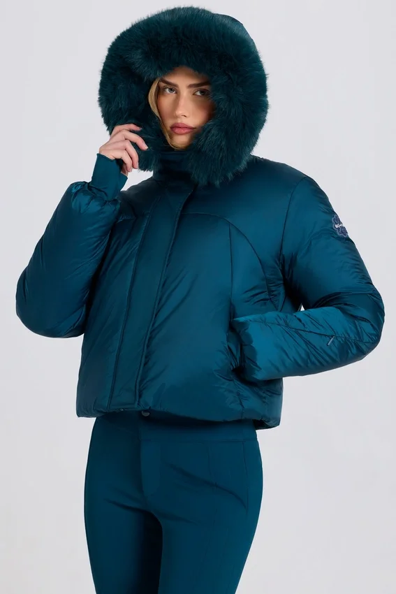 Waterproof Faux-Fur Hood Cropped Ski Jacket in Teal Waterproof Faux-Fur Hood Cropped Ski Jacket in Teal