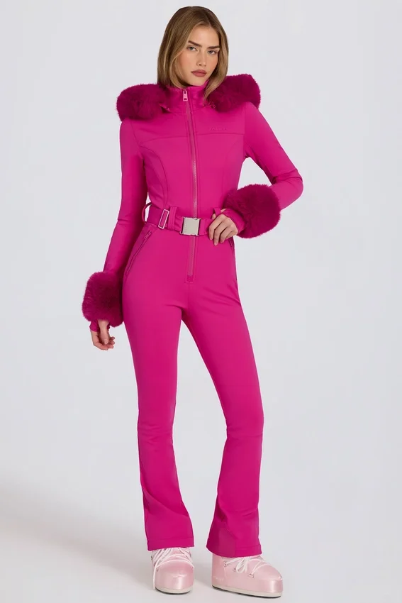 Waterproof Faux-Fur Hood Fitted Ski Suit in Magenta Pink Waterproof Faux-Fur Hood Fitted Ski Suit in Magenta Pink