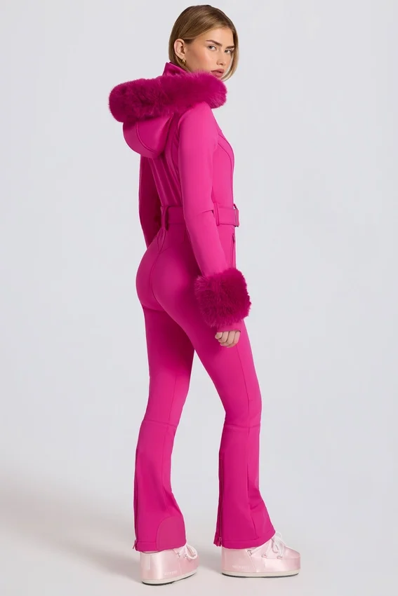 Waterproof Faux-Fur Hood Fitted Ski Suit in Magenta Pink Waterproof Faux-Fur Hood Fitted Ski Suit in Magenta Pink