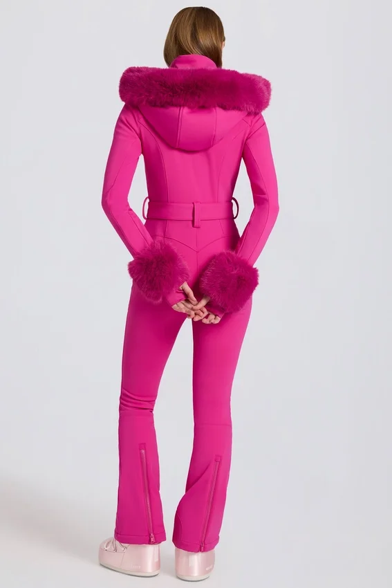 Waterproof Faux-Fur Hood Fitted Ski Suit in Magenta Pink Waterproof Faux-Fur Hood Fitted Ski Suit in Magenta Pink