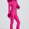 Waterproof Faux-Fur Hood Fitted Ski Suit in Magenta Pink Waterproof Faux-Fur Hood Fitted Ski Suit in Magenta Pink