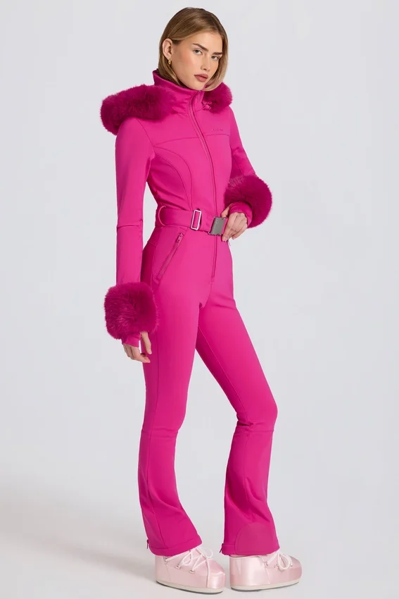 Waterproof Faux-Fur Hood Fitted Ski Suit in Magenta Pink Waterproof Faux-Fur Hood Fitted Ski Suit in Magenta Pink
