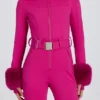 Waterproof Faux-Fur Hood Fitted Ski Suit in Magenta Pink Waterproof Faux-Fur Hood Fitted Ski Suit in Magenta Pink