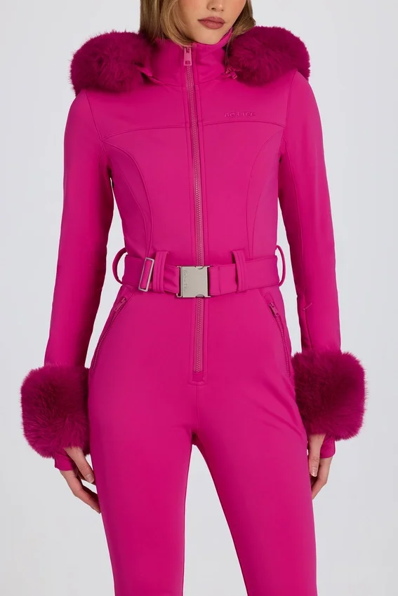 Waterproof Faux-Fur Hood Fitted Ski Suit in Magenta Pink Waterproof Faux-Fur Hood Fitted Ski Suit in Magenta Pink