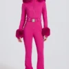 Waterproof Faux-Fur Hood Fitted Ski Suit in Magenta Pink Waterproof Faux-Fur Hood Fitted Ski Suit in Magenta Pink