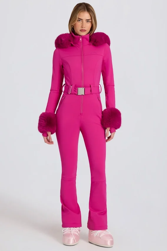 Waterproof Faux-Fur Hood Fitted Ski Suit in Magenta Pink Waterproof Faux-Fur Hood Fitted Ski Suit in Magenta Pink