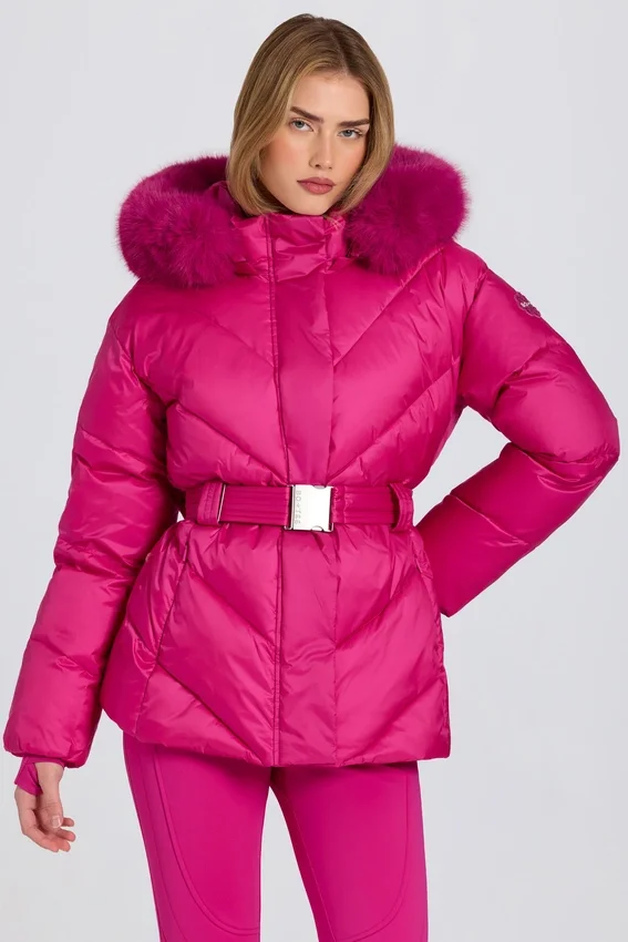 Waterproof Faux-Fur Hood Ski Jacket in Magenta Pink Waterproof Faux-Fur Hood Ski Jacket in Magenta Pink