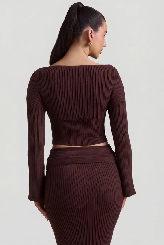 Wilona Ribbed-Knit Slash-Neck Top in Espresso Wilona Ribbed-Knit Slash-Neck Top in Espresso