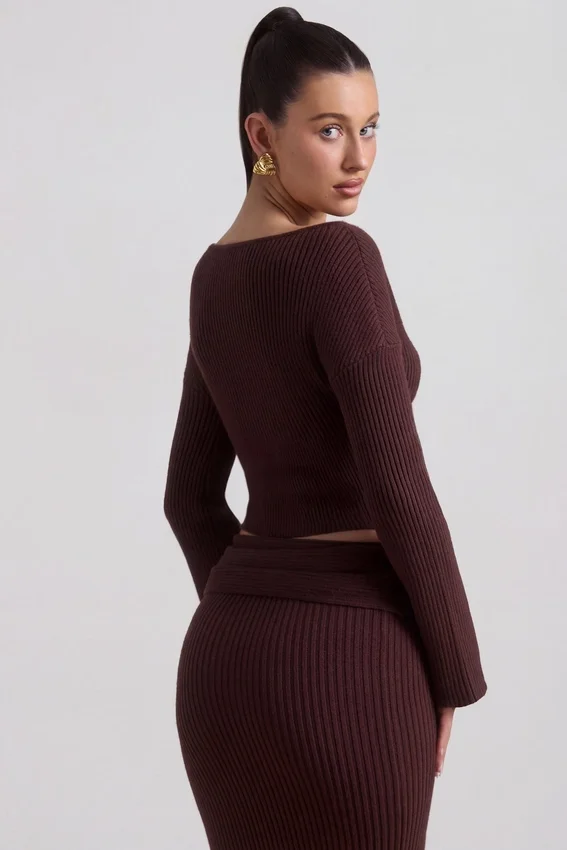 Wilona Ribbed-Knit Slash-Neck Top in Espresso Wilona Ribbed-Knit Slash-Neck Top in Espresso