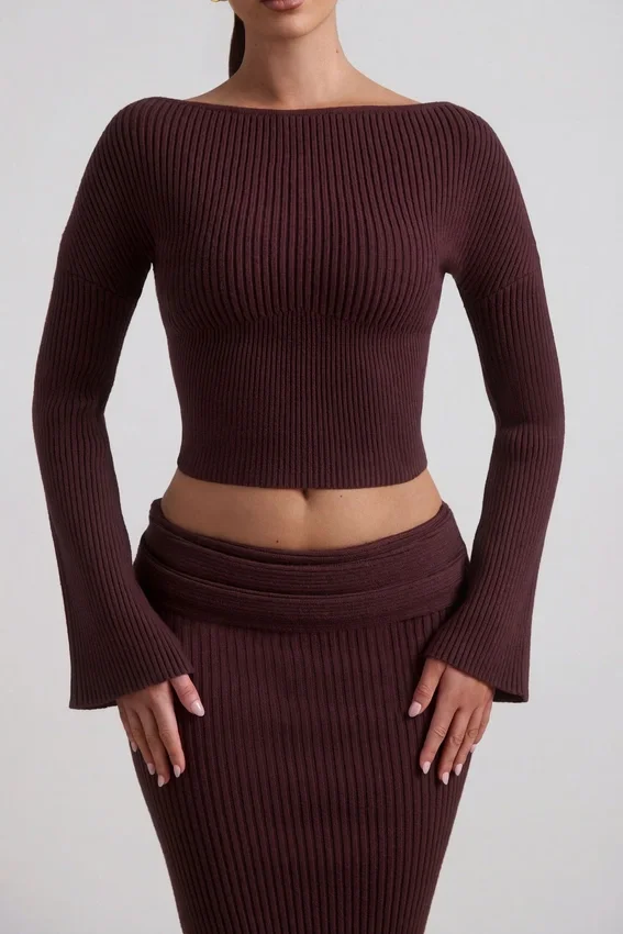 Wilona Ribbed-Knit Slash-Neck Top in Espresso Wilona Ribbed-Knit Slash-Neck Top in Espresso