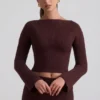Wilona Ribbed-Knit Slash-Neck Top in Espresso Wilona Ribbed-Knit Slash-Neck Top in Espresso