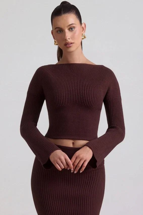 Wilona Ribbed-Knit Slash-Neck Top in Espresso Wilona Ribbed-Knit Slash-Neck Top in Espresso