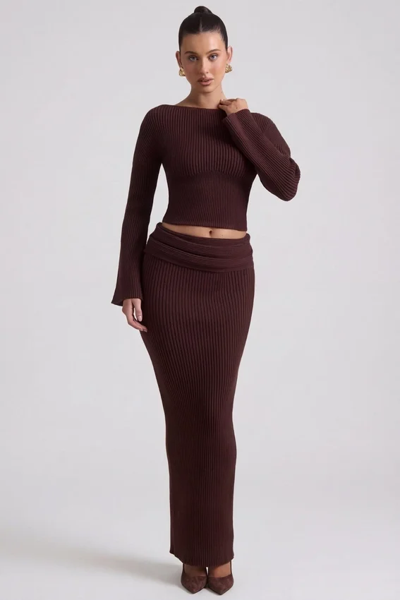 Wilona Ribbed-Knit Slash-Neck Top in Espresso Wilona Ribbed-Knit Slash-Neck Top in Espresso