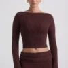 Wilona Ribbed-Knit Slash-Neck Top in Espresso Wilona Ribbed-Knit Slash-Neck Top in Espresso