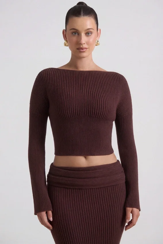 Wilona Ribbed-Knit Slash-Neck Top in Espresso Wilona Ribbed-Knit Slash-Neck Top in Espresso