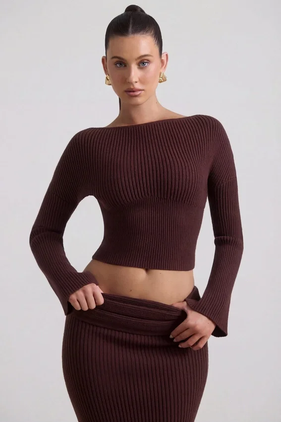 Wilona Ribbed-Knit Slash-Neck Top in Espresso Wilona Ribbed-Knit Slash-Neck Top in Espresso