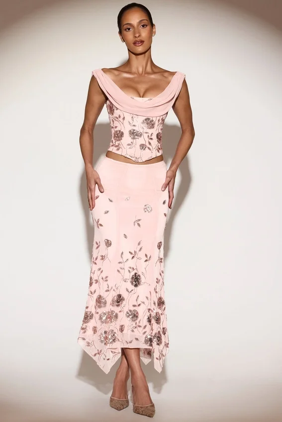 Winika Embellished Mid-Rise Hanky-Hem Midaxi Skirt in Pink Winika Embellished Mid-Rise Hanky-Hem Midaxi Skirt in Pink
