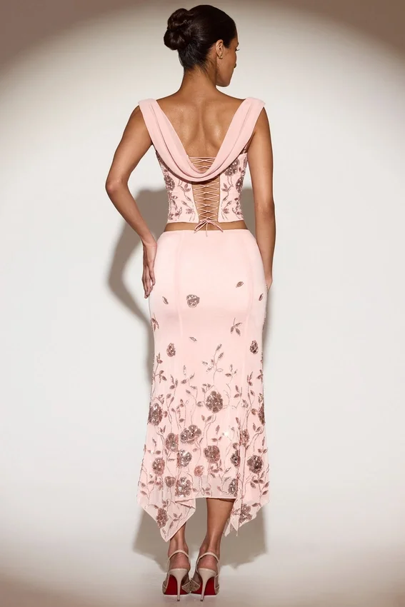 Winika Embellished Mid-Rise Hanky-Hem Midaxi Skirt in Pink Winika Embellished Mid-Rise Hanky-Hem Midaxi Skirt in Pink
