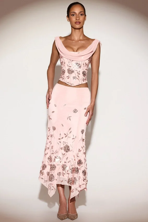 Winika Embellished Mid-Rise Hanky-Hem Midaxi Skirt in Pink Winika Embellished Mid-Rise Hanky-Hem Midaxi Skirt in Pink